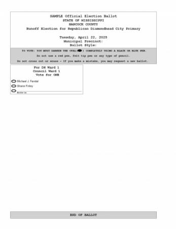 April 22nd Primary Runoff WARD 1 - Sample Ballot